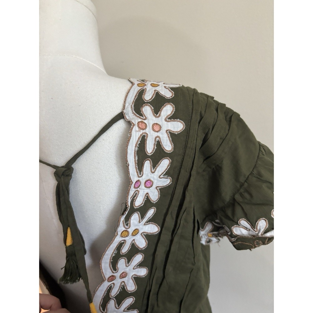 Anthropologie Pintuck Embroidered Mini Dress Coverup Floral Boho XS Small Green - Picture 8 of 9
